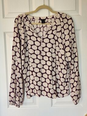 Ann Taylor Factory Cream & Plum Leaf-Print Long-Sleeve Blouse